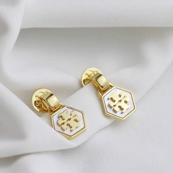 Tory Burch White Hexagon Logo Drop Earrings - Picture 2 of 8